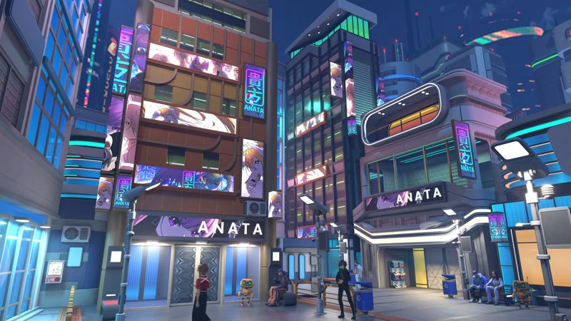 Anata District — neon anime cityscape