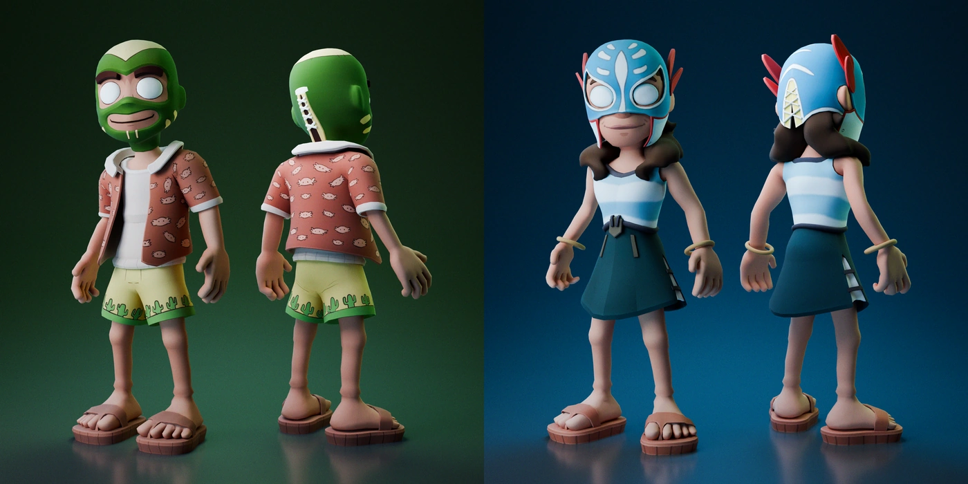 Fishing game avatars — two masked characters in beach clothing